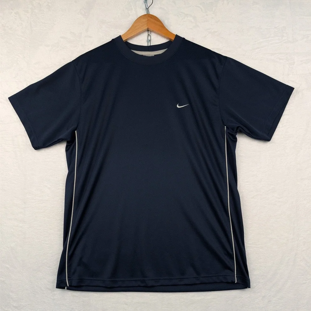 VTG Nike T-Shirt Men's L Navy Blue Gray Piping Swoosh Logo Mesh Athletic Y2K
